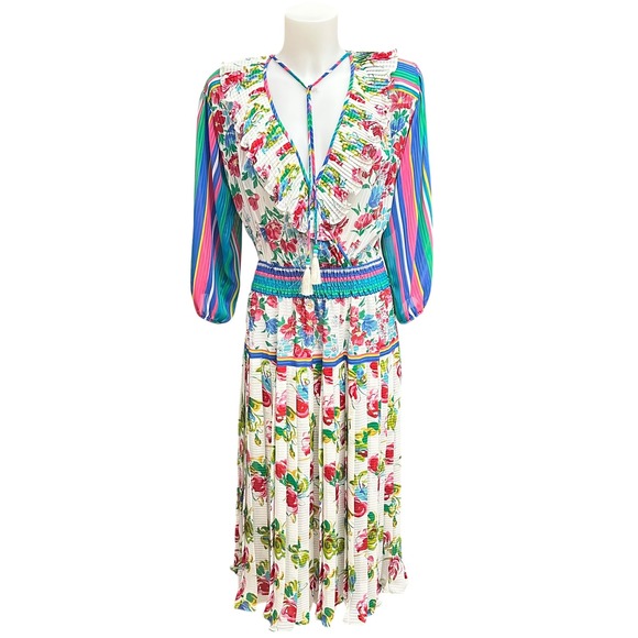 Diane Freis Vintage Georgette Midi Floral Pleated Smocked Dress L/XL w/  Scarf